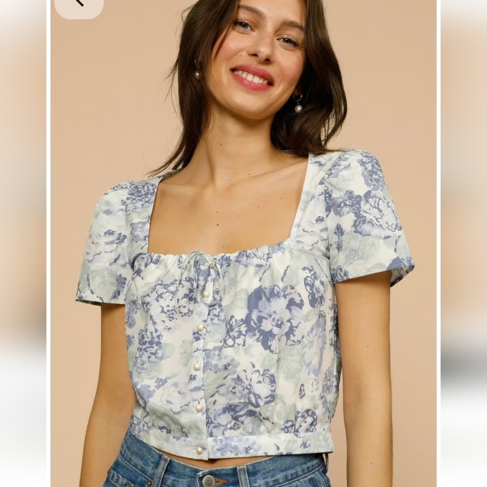 Rouje Bleu Flavie Button Down Pearl Floral Pastel Top Size 38